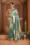 Festive Edit! Ganga Ghat ~ Handloom Pure Tissue Silk Saree in Cyan Blue (Silk Mark Certified) - verymuchindian.com