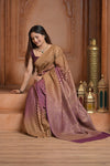 Festive Edit! Ganga Ghat ~ Handloom Silk Georgette Crepe Saree with Brocade Work with Orange and Purple - verymuchindian.com