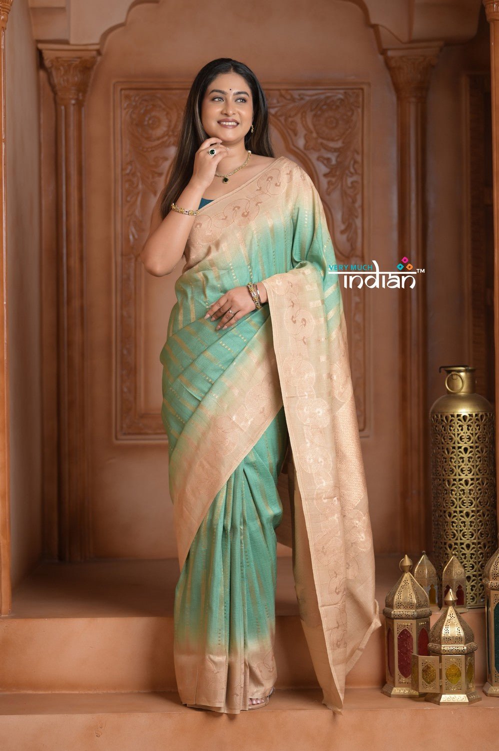 Festive Edit! Ganga Ghat ~ Handloom Tussar Silk Georgette Saree with Contrast Pallu in Sea Green (Silk Mark Certified) - verymuchindian.com