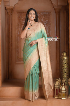 Festive Edit! Ganga Ghat ~ Handloom Tussar Silk Georgette Saree with Contrast Pallu in Sea Green (Silk Mark Certified) - verymuchindian.com