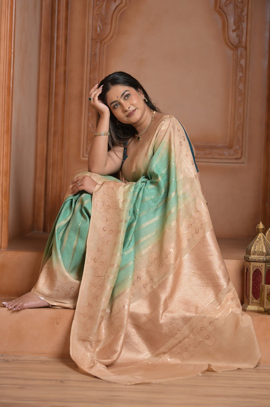 Festive Edit! Ganga Ghat ~ Handloom Tussar Silk Georgette Saree with Contrast Pallu in Sea Green (Silk Mark Certified) - verymuchindian.com
