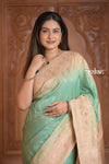 Festive Edit! Ganga Ghat ~ Handloom Tussar Silk Georgette Saree with Contrast Pallu in Sea Green (Silk Mark Certified) - verymuchindian.com