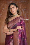Festive Edit! Ganga Ghat ~ Handloom Tussar Silk Georgette Saree with Floral Work in Purple - verymuchindian.com