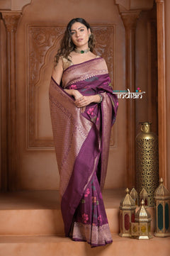Festive Edit! Ganga Ghat ~ Handloom Tussar Silk Georgette Saree with Floral Work in Purple - verymuchindian.com