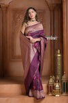 Festive Edit! Ganga Ghat ~ Handloom Tussar Silk Georgette Saree with Floral Work in Purple - verymuchindian.com