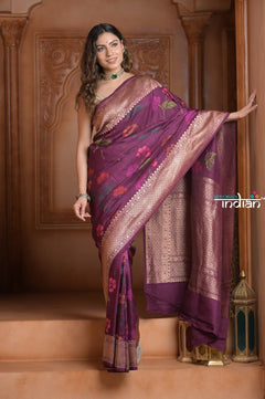 Festive Edit! Ganga Ghat ~ Handloom Tussar Silk Georgette Saree with Floral Work in Purple - verymuchindian.com