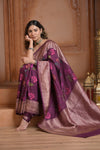 Festive Edit! Ganga Ghat ~ Handloom Tussar Silk Georgette Saree with Floral Work in Purple - verymuchindian.com