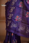 Festive Edit! Ganga Ghat ~ Handwoven Pure Kora Silk Weave in Blue with Floral Motifs & Horse Embroidered Saree ( Silk Mark Certified ) - verymuchindian.com