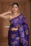 Festive Edit! Ganga Ghat ~ Handwoven Pure Kora Silk Weave in Blue with Floral Motifs & Horse Embroidered Saree ( Silk Mark Certified ) - verymuchindian.com