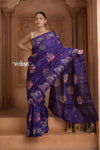Festive Edit! Ganga Ghat ~ Handwoven Pure Kora Silk Weave in Blue with Floral Motifs & Horse Embroidered Saree ( Silk Mark Certified ) - verymuchindian.com