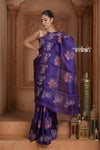 Festive Edit! Ganga Ghat ~ Handwoven Pure Kora Silk Weave in Blue with Floral Motifs & Horse Embroidered Saree ( Silk Mark Certified ) - verymuchindian.com