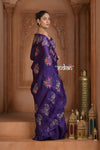 Festive Edit! Ganga Ghat ~ Handwoven Pure Kora Silk Weave in Blue with Floral Motifs & Horse Embroidered Saree ( Silk Mark Certified ) - verymuchindian.com