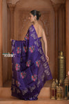 Festive Edit! Ganga Ghat ~ Handwoven Pure Kora Silk Weave in Blue with Floral Motifs & Horse Embroidered Saree ( Silk Mark Certified ) - verymuchindian.com