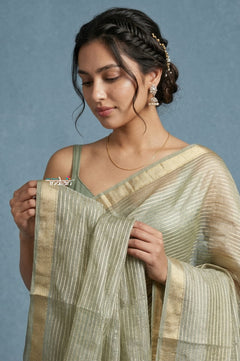 Festive Edit! Handloom Pure Tissue Silk Saree in Sage Green (Silk Mark Certified) - verymuchindian.com