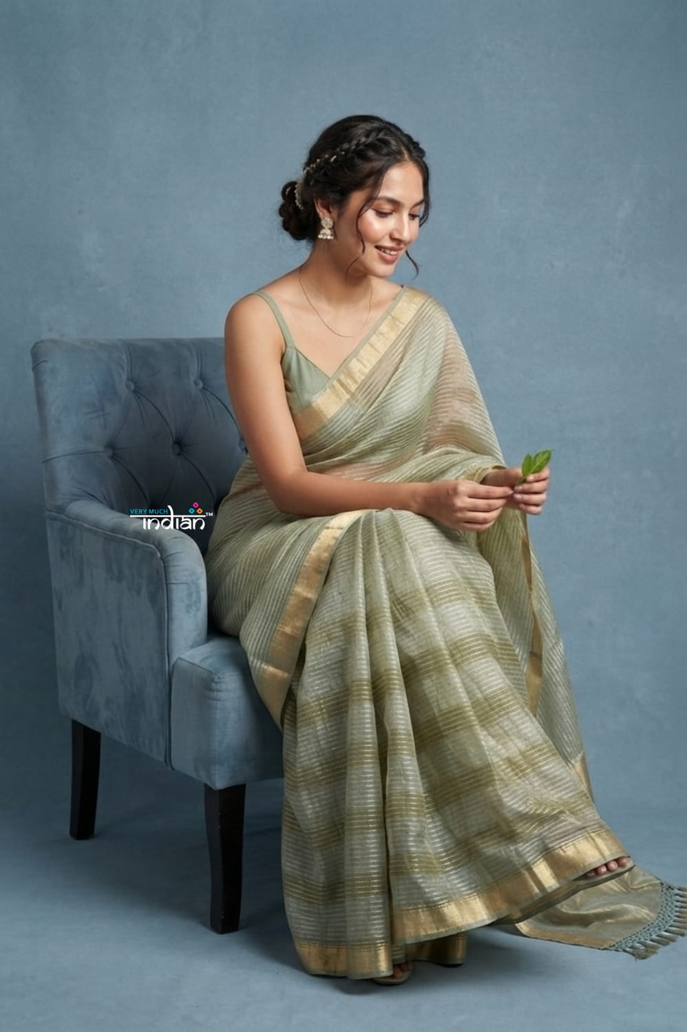 Festive Edit! Handloom Pure Tissue Silk Saree in Sage Green (Silk Mark Certified) - verymuchindian.com