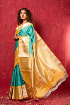 Gadwal Pure Silk Handloom Saree in Sea Green with Yellow Border (Limited Edition) - verymuchindian.com