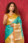 Gadwal Pure Silk Handloom Saree in Sea Green with Yellow Border (Limited Edition) - verymuchindian.com