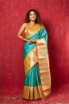 Gadwal Pure Silk Handloom Saree in Sea Green with Yellow Border (Limited Edition) - verymuchindian.com