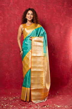 Gadwal Pure Silk Handloom Saree in Sea Green with Yellow Border (Limited Edition) - verymuchindian.com