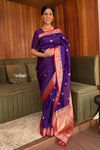 Ganga Ghat ~ Banarasi Pure Organza Silk Saree with Gold Zari In Royal Purple