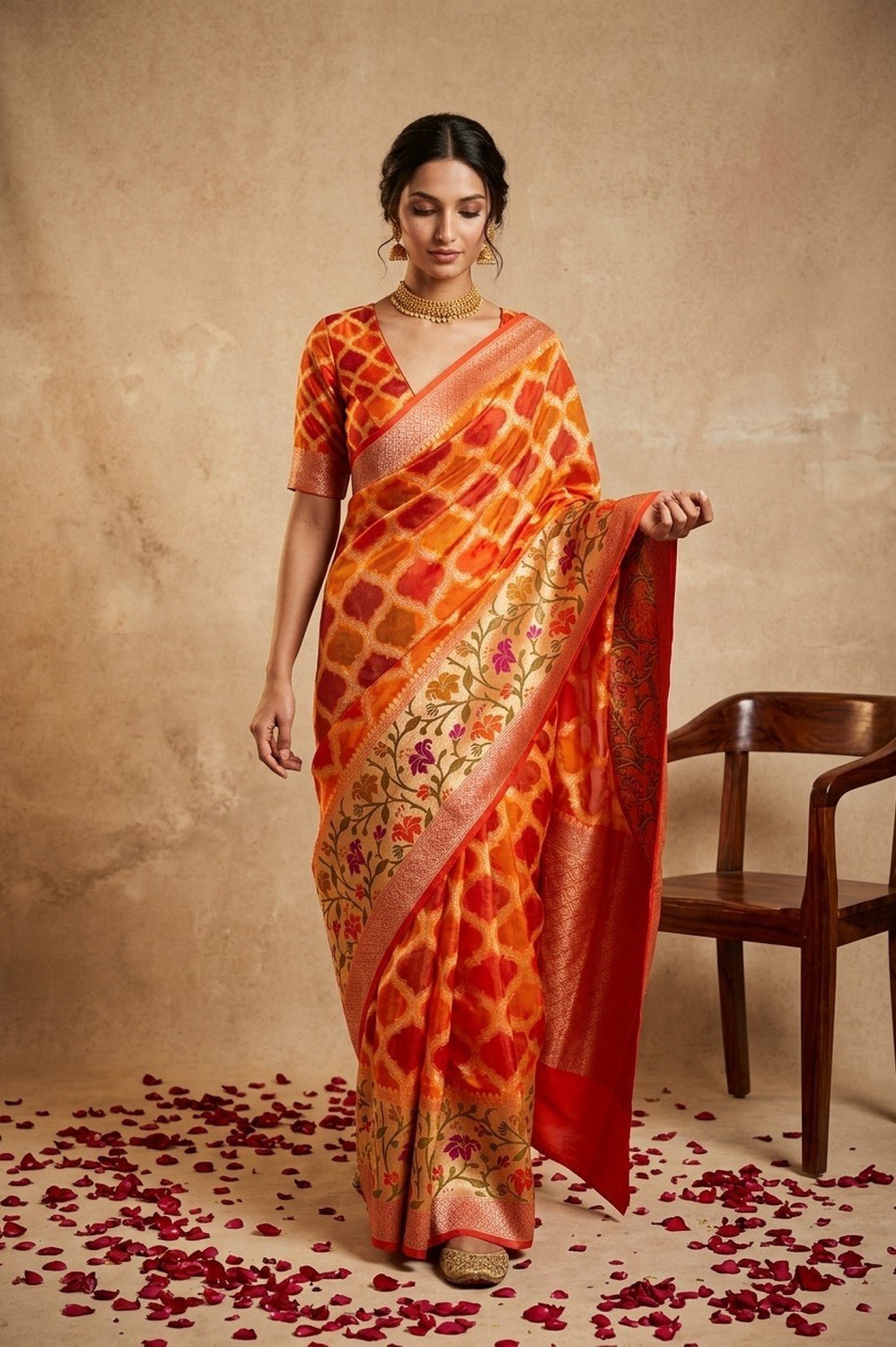 Ganga Ghat ~ Banarasi Handloom Khaddi Georgette Saree In Orange - verymuchindian.com