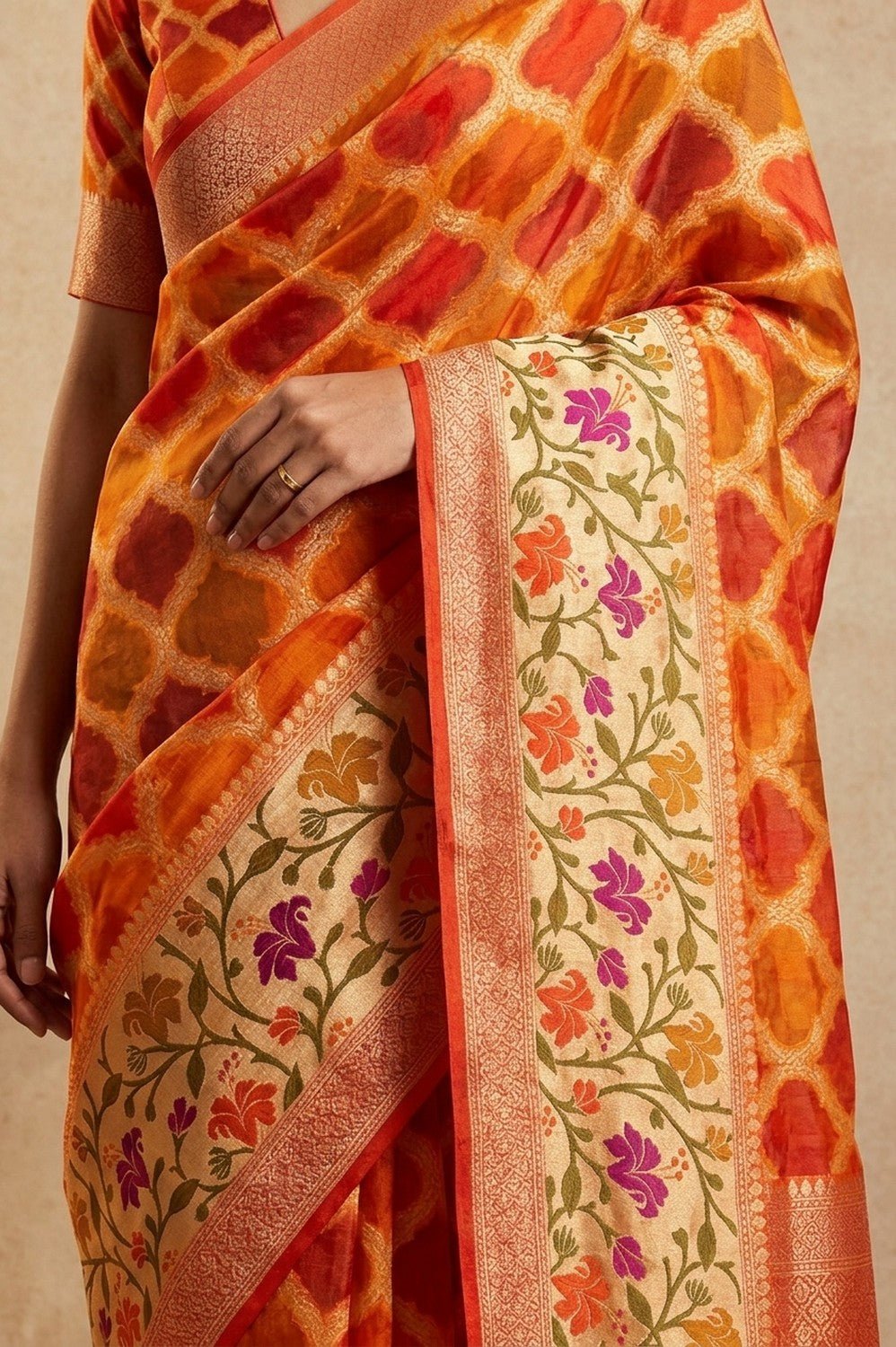 Ganga Ghat ~ Banarasi Handloom Khaddi Georgette Saree In Orange - verymuchindian.com