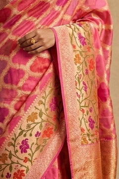 Ganga Ghat ~ Banarasi Handloom Khaddi Georgette Saree In Peach - verymuchindian.com