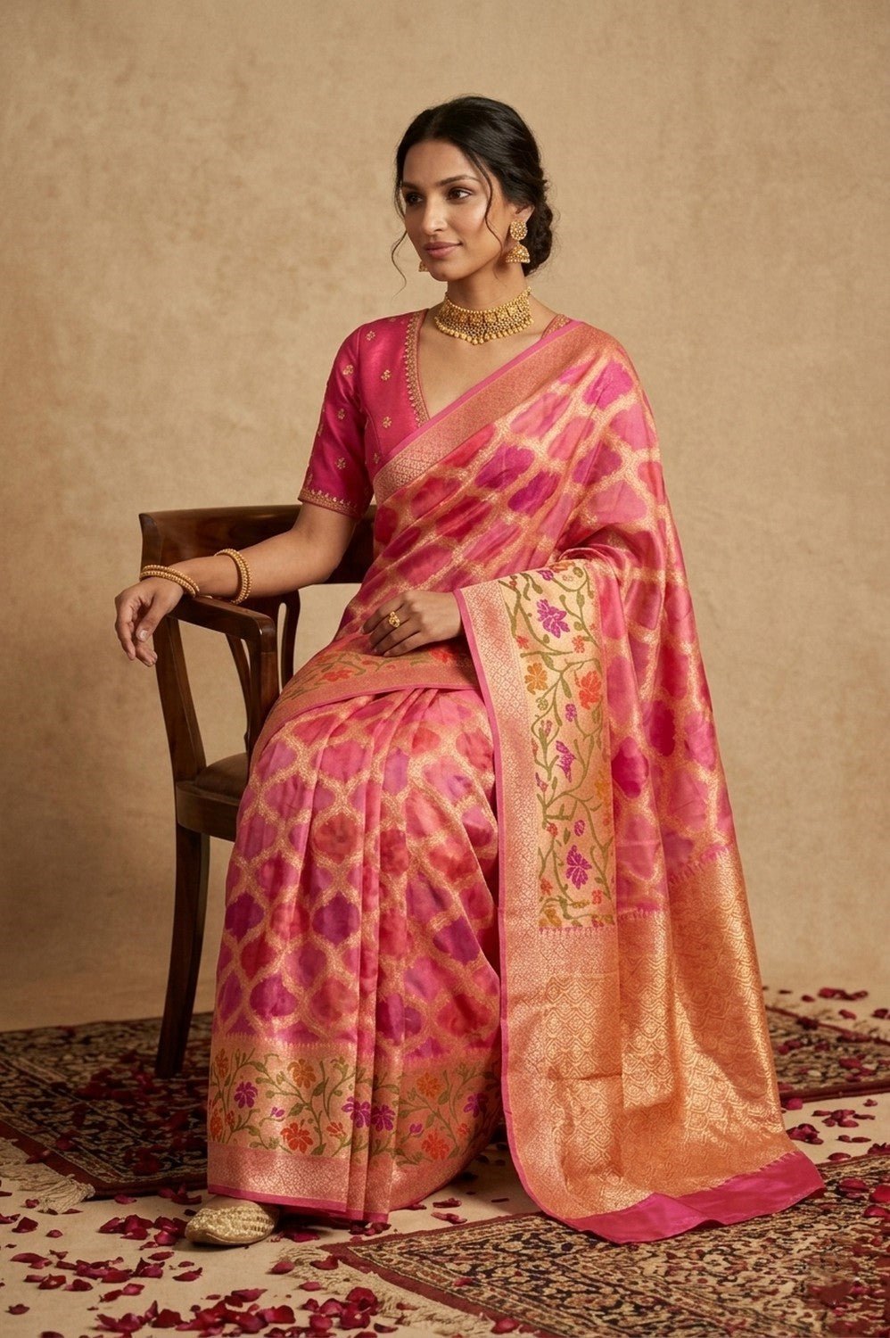 Ganga Ghat ~ Banarasi Handloom Khaddi Georgette Saree In Peach - verymuchindian.com