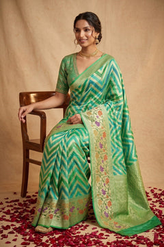 Ganga Ghat ~ Banarasi Handloom Khaddi Georgette Saree In Sea Green - verymuchindian.com