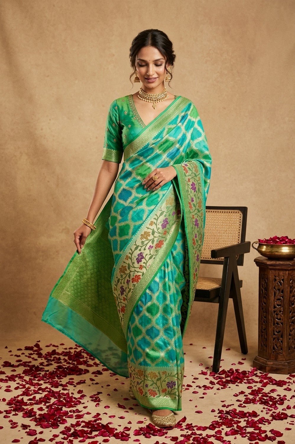 Ganga Ghat ~ Banarasi Handloom Khaddi Georgette Saree In Sea Green - verymuchindian.com