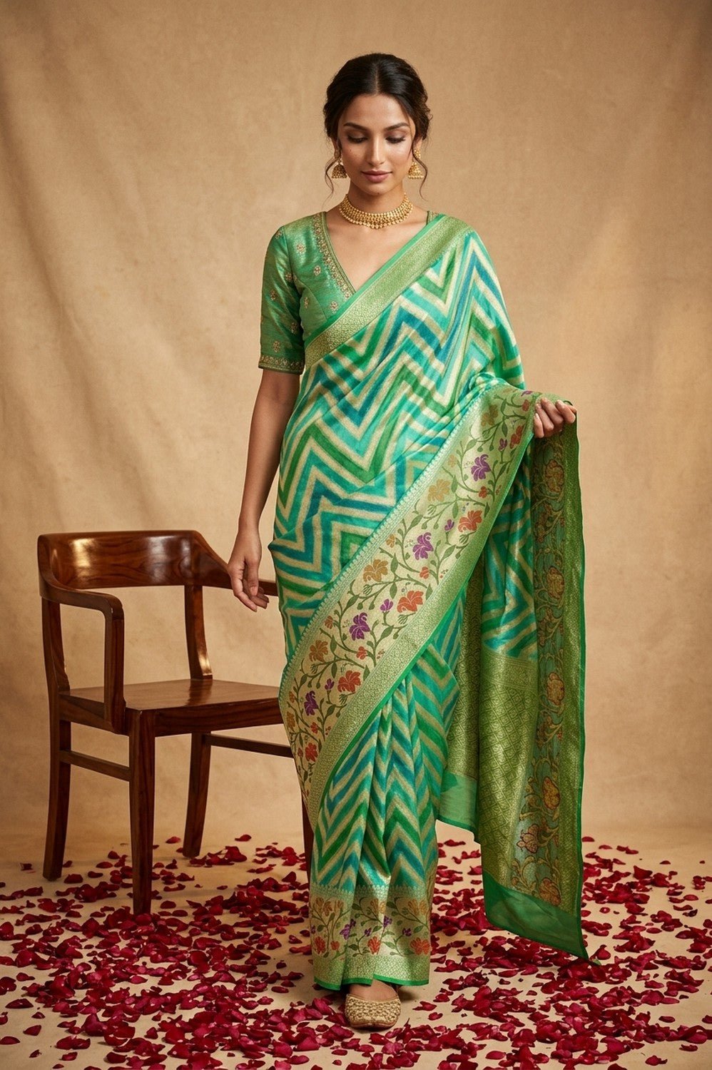 Ganga Ghat ~ Banarasi Handloom Khaddi Georgette Saree In Sea Green - verymuchindian.com