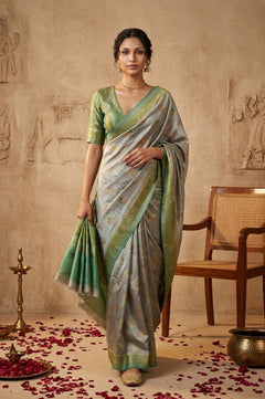 Ganga Ghat ~ Banarasi Handloom Pure Chiniya Silk In LIght Green - verymuchindian.com