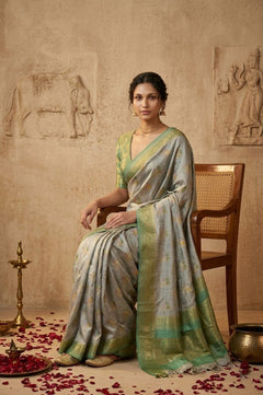 Ganga Ghat ~ Banarasi Handloom Pure Chiniya Silk In LIght Green - verymuchindian.com