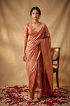 Ganga Ghat ~ Banarasi Handloom Pure Chiniya Silk In Peach - verymuchindian.com
