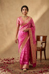 Ganga Ghat ~ Banarasi Handloom Pure Organza silk Saree In Pink - verymuchindian.com