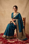 Ganga Ghat ~ Banarasi Handwoven Pure Katan Silk Saree in Teal Blue - verymuchindian.com