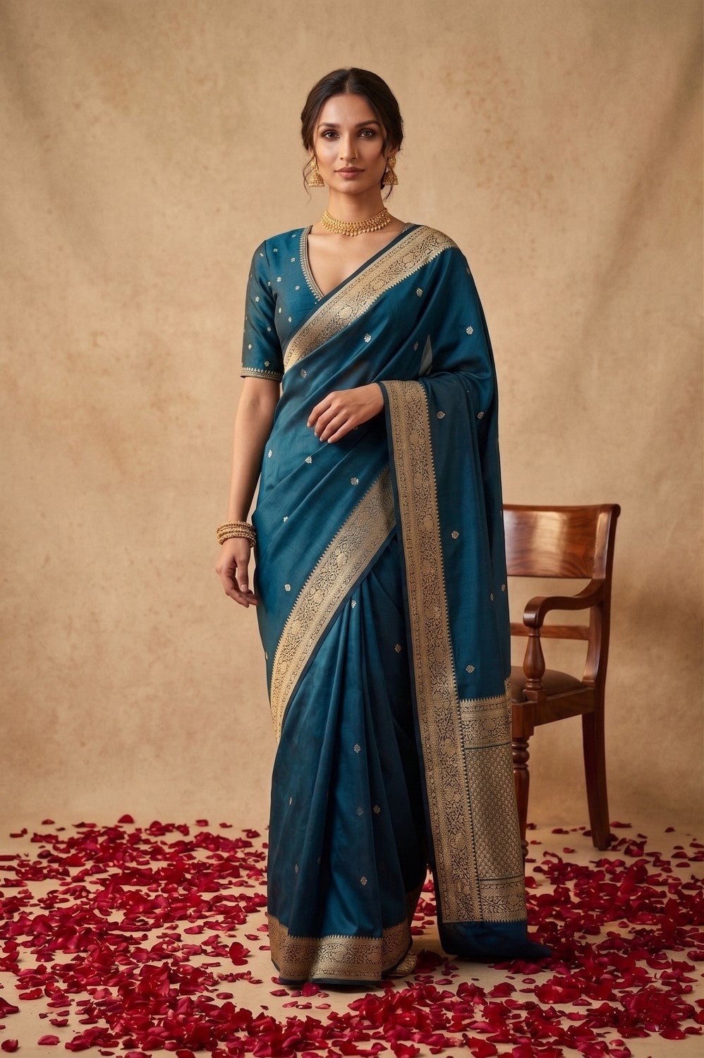 Ganga Ghat ~ Banarasi Handwoven Pure Katan Silk Saree in Teal Blue - verymuchindian.com