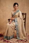 Ganga Ghat ~ Banarasi Handwoven Pure Katan Tissue Silk Saree in Ivory with Grey Border - verymuchindian.com