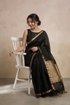 Ganga Ghat ~ Banarasi Handwoven Pure Silk Banarasi Organza Saree in Black - verymuchindian.com