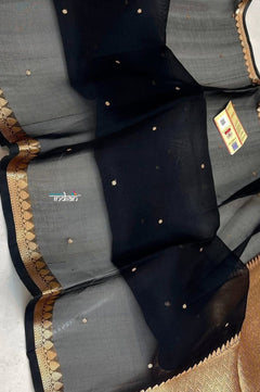 Ganga Ghat ~ Banarasi Handwoven Pure Silk Banarasi Organza Saree in Black - verymuchindian.com