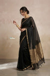 Ganga Ghat ~ Banarasi Handwoven Pure Silk Banarasi Organza Saree in Black - verymuchindian.com