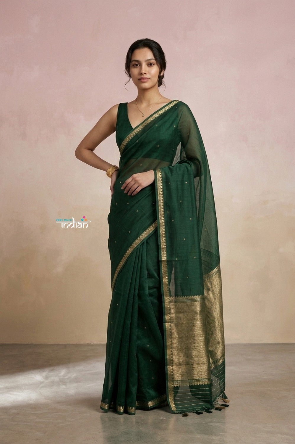 Ganga Ghat ~ Banarasi Handwoven Pure Silk Banarasi Organza Saree in Dark Green - verymuchindian.com