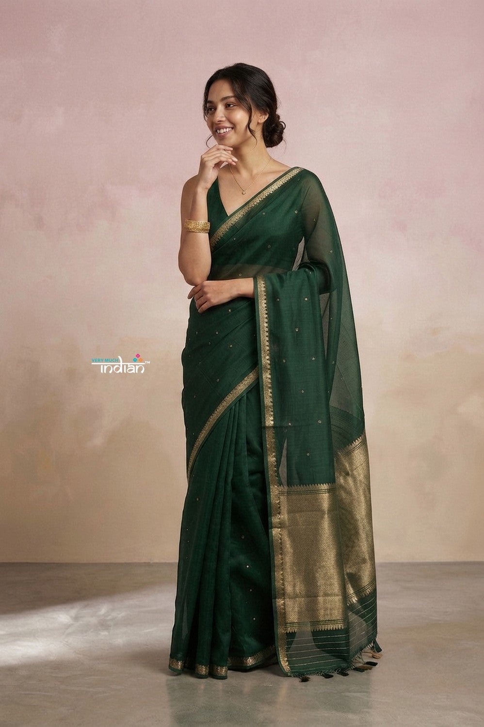 Ganga Ghat ~ Banarasi Handwoven Pure Silk Banarasi Organza Saree in Dark Green - verymuchindian.com