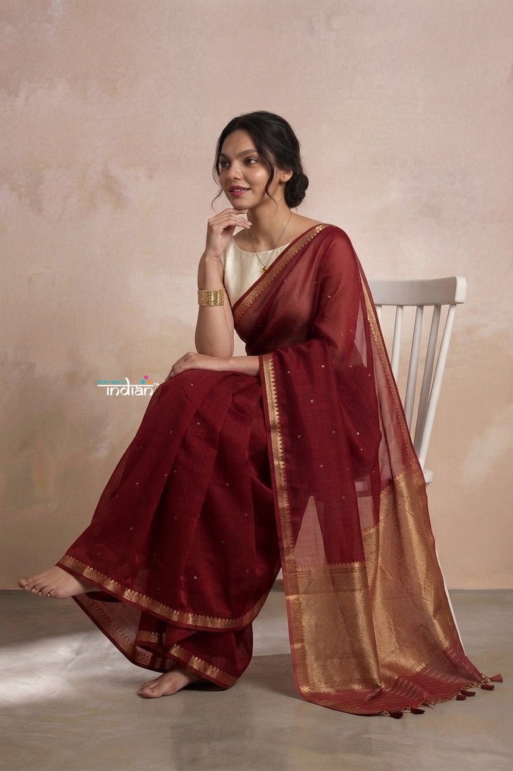 Ganga Ghat ~ Banarasi Handwoven Pure Silk Banarasi Organza Saree in Maroon - verymuchindian.com