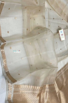 Ganga Ghat ~ Banarasi Handwoven Pure Silk Banarasi Organza Saree in Off White - verymuchindian.com