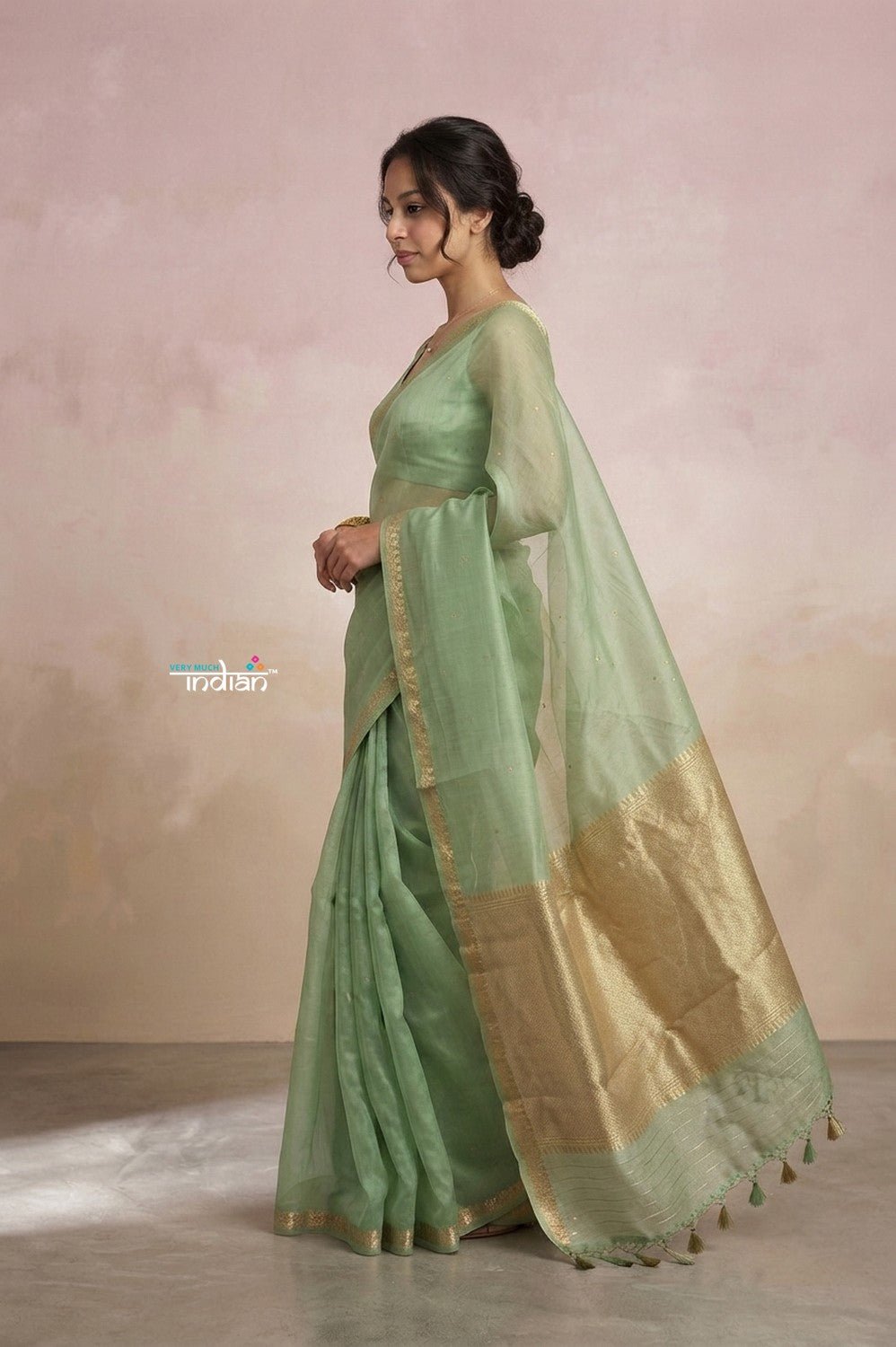Ganga Ghat ~ Banarasi Handwoven Pure Silk Banarasi Organza Saree in Sea Green - verymuchindian.com