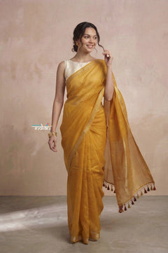 Ganga Ghat ~ Banarasi Handwoven Pure Silk Banarasi Organza Saree in Yellow - verymuchindian.com