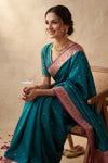 Ganga Ghat ~ Banarasi Handwoven Pure Soft Katan Silk Saree In Azure Blue & Pink - verymuchindian.com