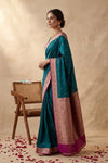 Ganga Ghat ~ Banarasi Handwoven Pure Soft Katan Silk Saree In Azure Blue & Pink - verymuchindian.com