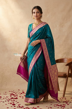 Ganga Ghat ~ Banarasi Handwoven Pure Soft Katan Silk Saree In Azure Blue & Pink - verymuchindian.com